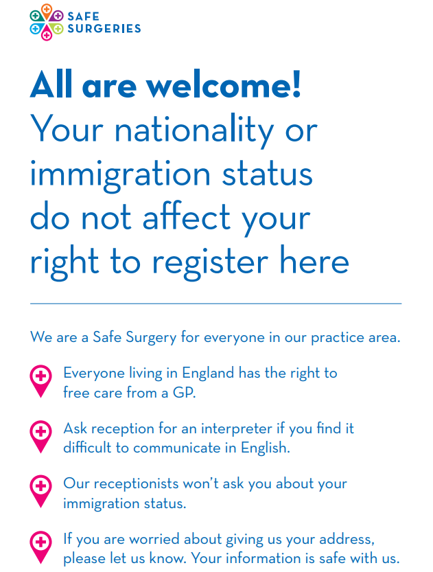 Your nationality or immigration status does not affect your right to register here
